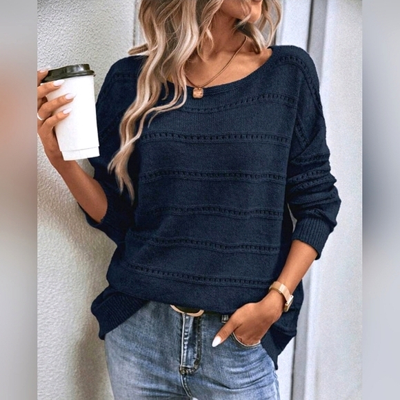 * New Chic Open Knit Stripe Top Sweater Navy Blue - Picture 2 of 8